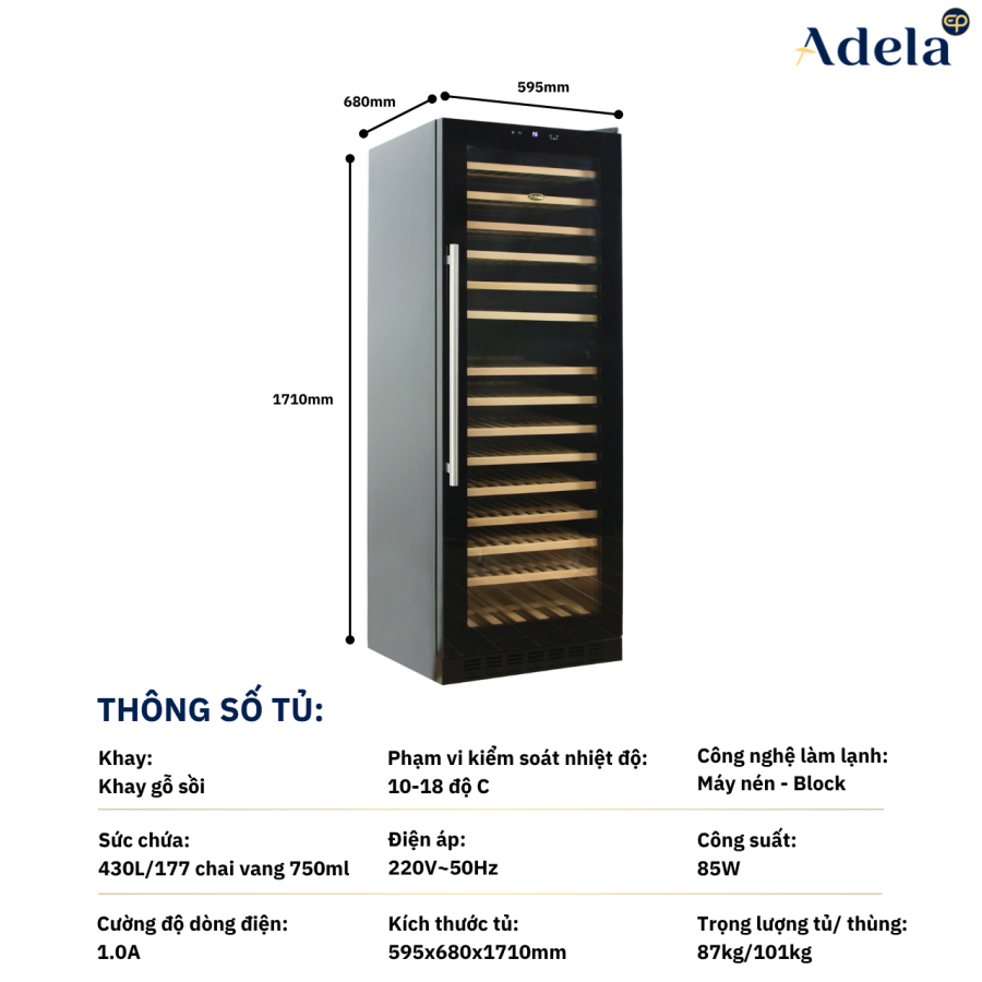 Tủ Rượu Vang Adela 177 Chai Máy Nén JC-430WS